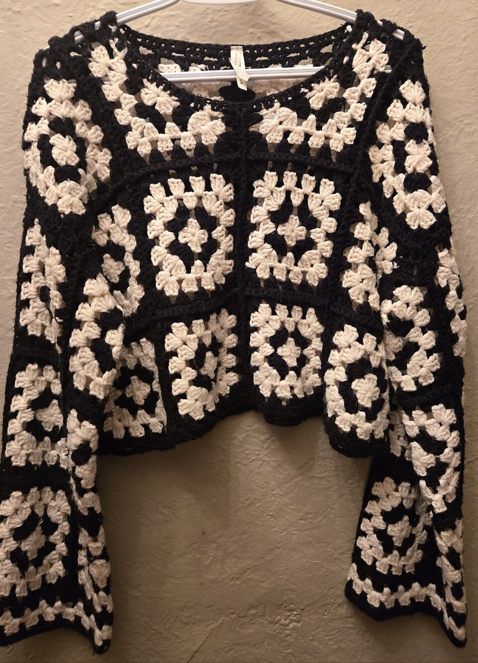 Dreamers Black White Crochet Granny Square Sweater Cropped Boho Cardigan